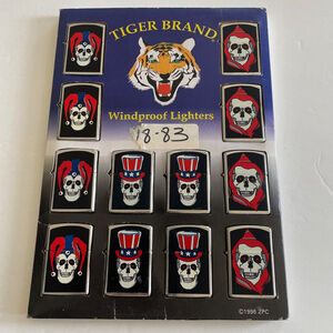 Unused Vintage 12pc Windproof Lighters ~ Skull, Jester, Top Hat & Grim Reaper